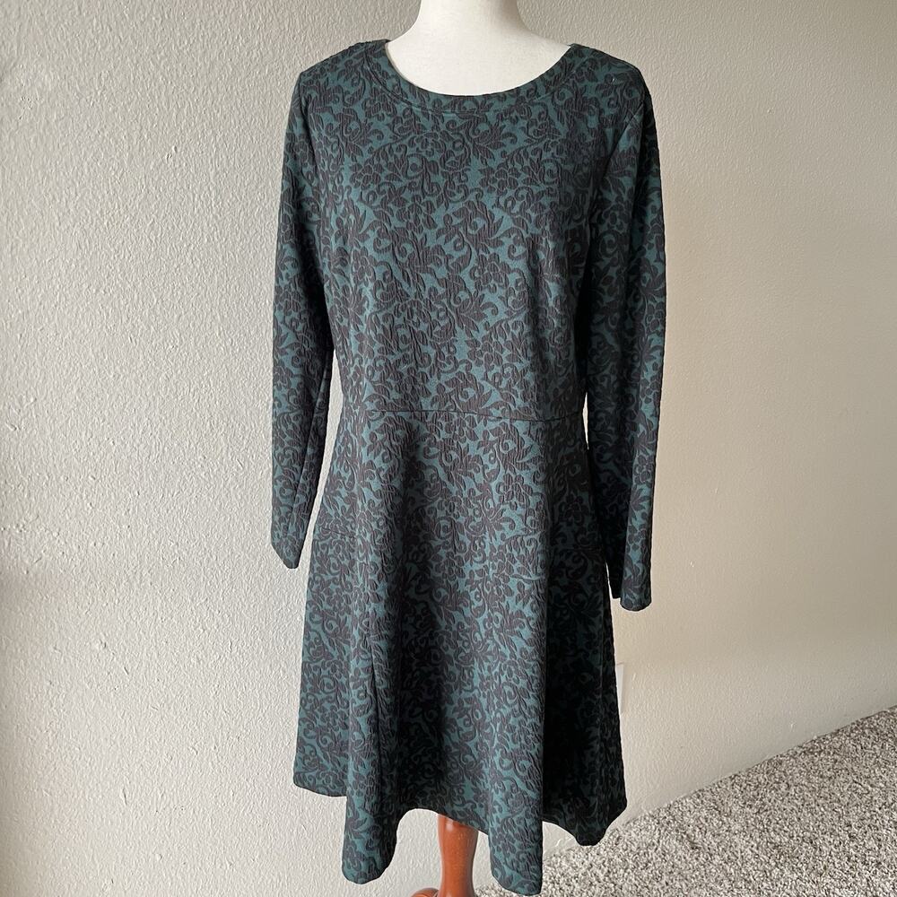 Loft Ann Taylor A-Line Floral Green Black Emerald Dress Long Sleeve Stretch Sz14